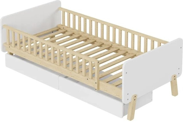 KOMHTOM Kinderbett aus Massivholz mit 2 Schubladen und Lattenrost, Weiß, B/T/H: 90 x 190 x 64 cm - Bild 1