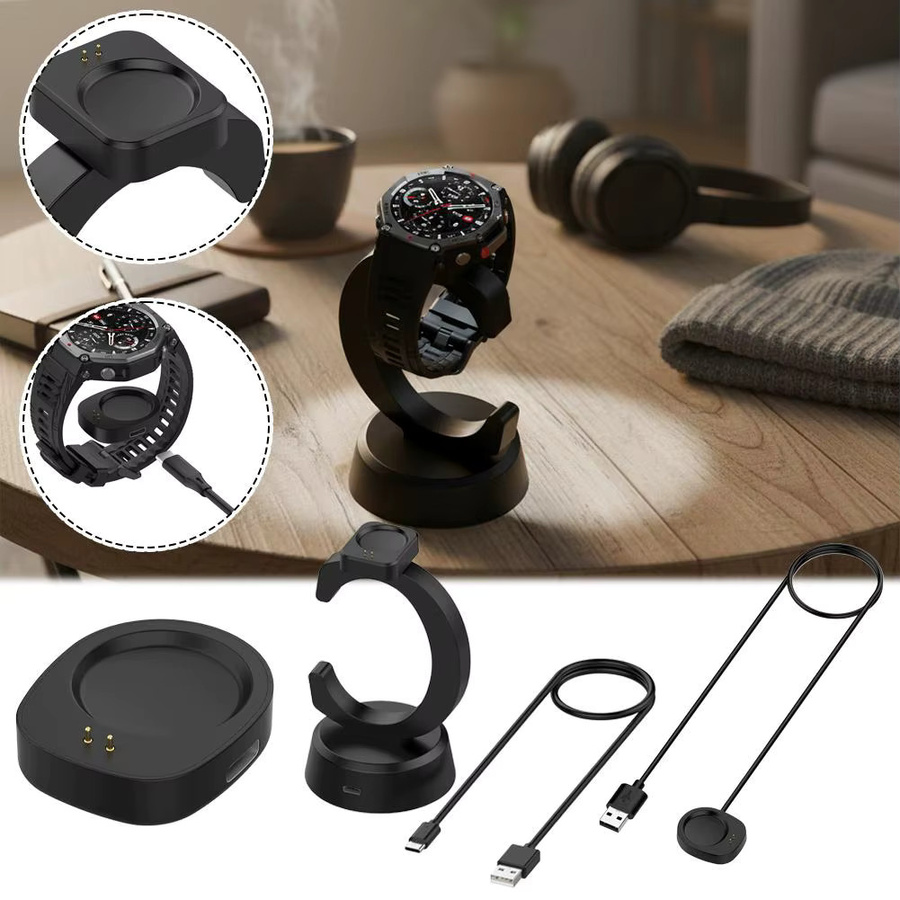 USB-Ladekabel für Amazfit T-REX3 Pro HelioStrap Smartwatch in Schwarz mit USB-A und USB-C Anschluss - Bild 2