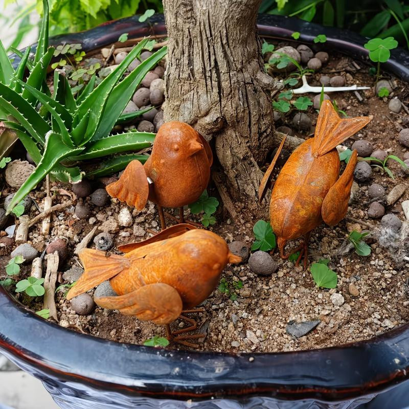 3er Set EmilyWoo Metallvogel-Figuren in Rostoptik als 3D Bauernhaus-Skulpturen für Garten und Terrasse, Farbe: Braun - Bild 3