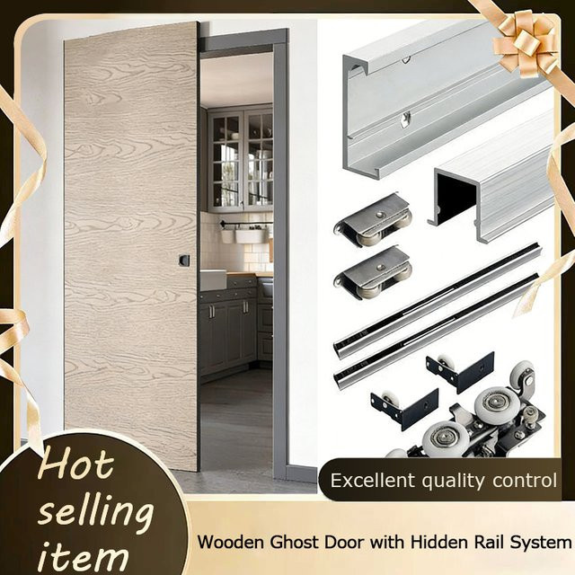 Ghost Unsichtbares Schiebetürbeschlag-Set mit Doppel-Softclose und Hängerollen für einzelne Holztüren in Silber - Bild 1