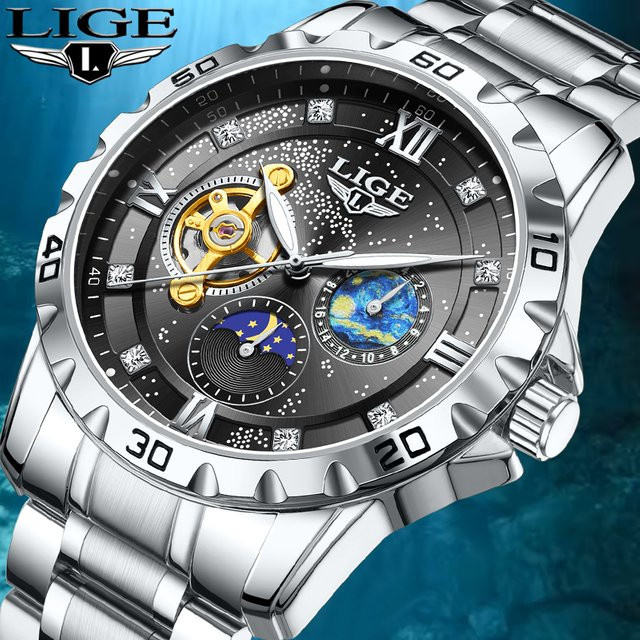 LIGE Armbanduhr Automatik, Edelstahl, Schwarz, Silber, Herren - Bild 1
