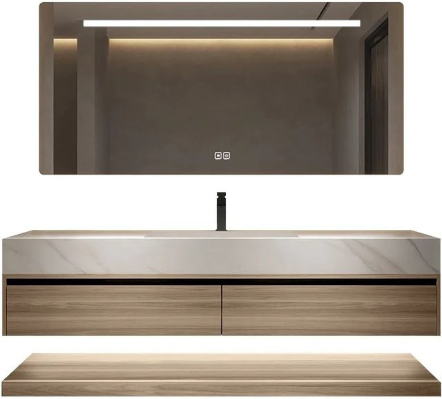 360Home Waschtisch Set Weiß mit Sinterstein Arbeitsplatte in Holzmaserung, Unterschrank und Spiegel mit LED-Beleuchtung und Anti-Fog-Funktion, Breite: 120 cm - Bild 1