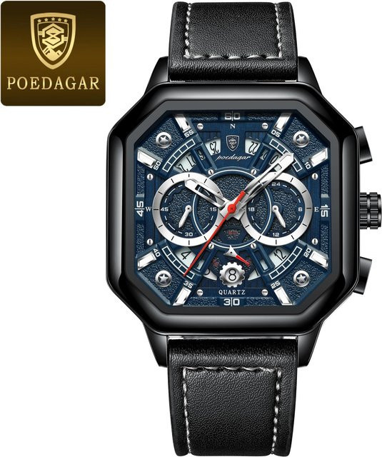 POEDAGAR Chronograph, Quarz, eckig, Leder, blau/schwarz, Herren - Bild 1