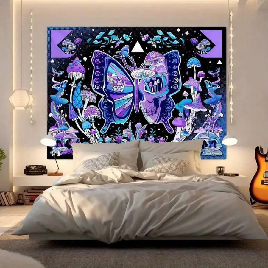 VIKAMA Psychedelischer Wandteppich mit Schmetterling, Totenkopf und Neon-Pilzen in Multicolour, Wandbehang für Schlafzimmer und Gaming-Raum, B/H: 60 x 40 cm - Bild 2