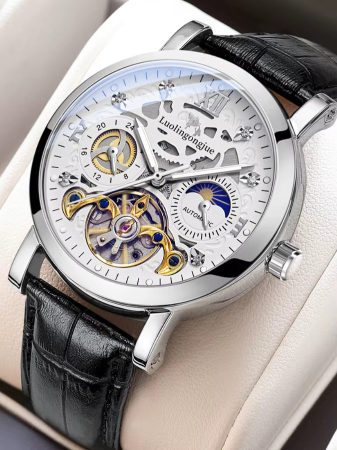 LUOLINGONGJUE Armbanduhr Automatik, Edelstahl, Leder, Herren - Bild 3