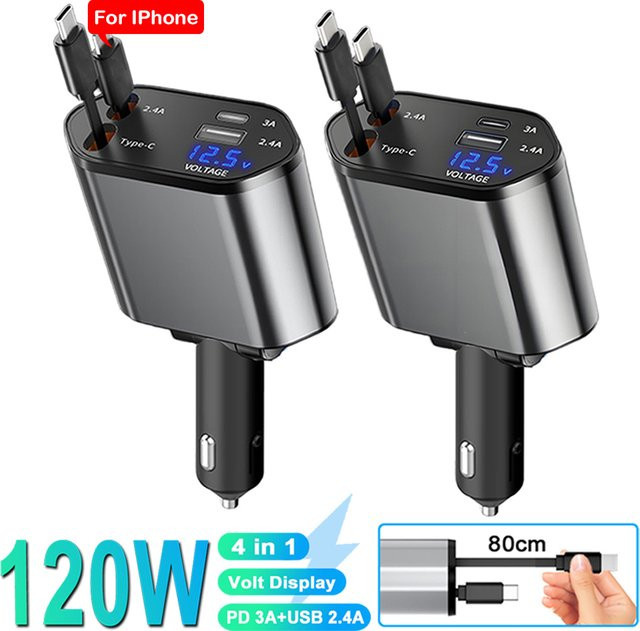 kebidumei 4 in 1 Autotelefon-Ladegerät mit 120 W, Typ C 66 W und 2,4 A einziehbaren Ladekabeln sowie Volt-Display für iPhone, Huawei und Samsung - Bild 1