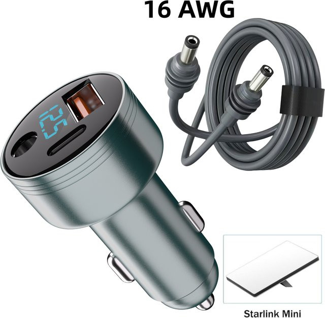 FLYERMIF 3-in-1 Autoladegerät-Adapter für Starlink Mini mit DC 5521 und USB-C QC 3.0 sowie PD-Schnellladung inklusive 16 AWG DC-Kabel - Bild 1