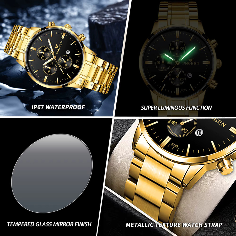BINBOND Armbanduhr Quarz, Edelstahl, Schwarz, Gold, Herren, Datum - Bild 6