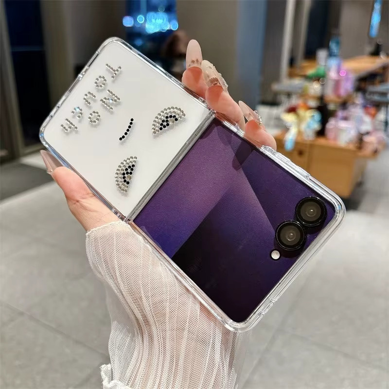 Stoßfeste Samsung Galaxy Z Flip Handyhülle mit Strass-Gesichtern und Handgelenkschlaufe, Transparent - Bild 2