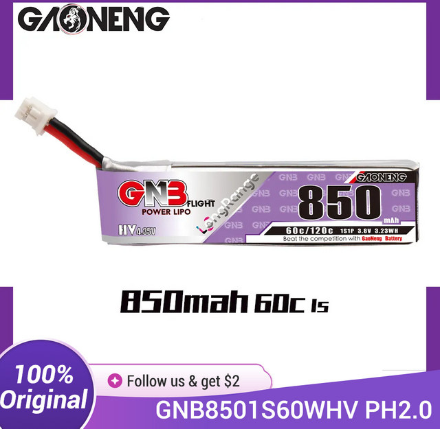 Gaoneng GNB 1S 850mAh 3,8V 60C HV Lipo Batterie mit PH2.0 Anschluss für Beta75X, 75mm FPV Drone, EZ Pilot Pro und Emax Tinyhawk S Mini Micro Whoops - Bild 1