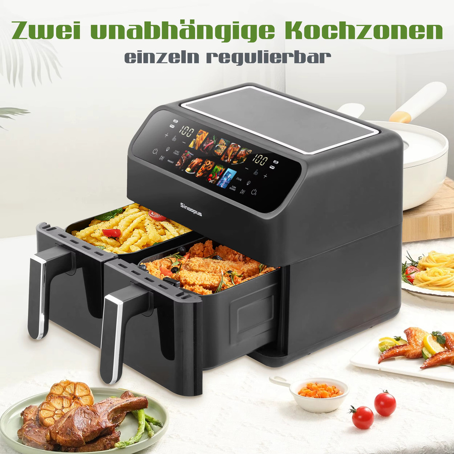 Sinaopus Ölfreie Doppelkorb-Heißluftfritteuse mit Sichtfenster, 9L elektrische Heißluftfritteuse in Schwarz mit LED-Touchscreen, Timer und 10 automatischen Programmen - Bild 3