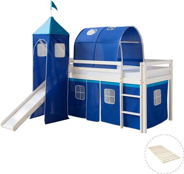 Homestyle4u Kinder Hochbett aus Kiefernholz mit Rutsche, Tunnel, Turm und Vorhang in Weiß und Blau, B/T/H: 200 x 90 x 219,5 cm - Bild 1