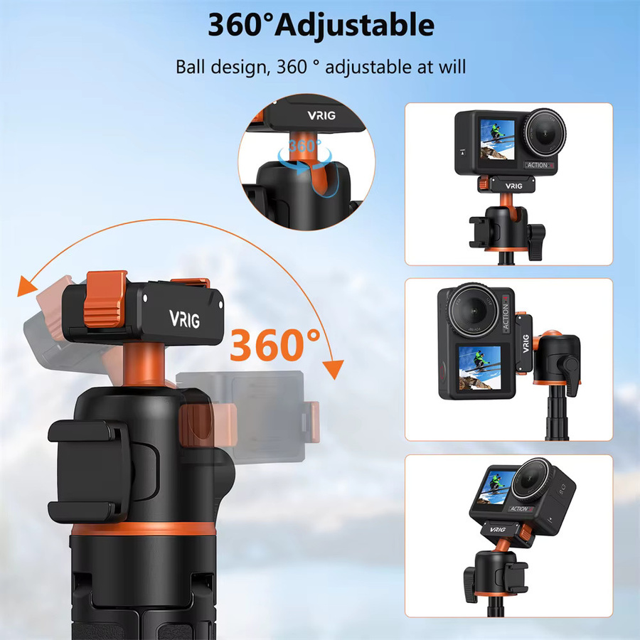 VRIG Magnetisches Stativ für DJI Osmo Action 5 4 3 in Schwarz mit 360-Grad-Kugelkopf und ColdShoe als verstellbarer Selfie-Stick-Ständer - Bild 3
