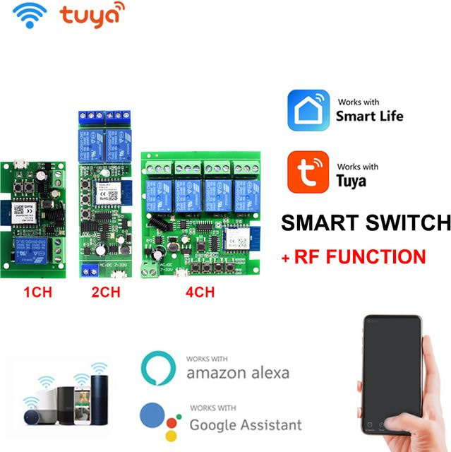 Tuya Smart Wifi Drahtloses Schalter Modul mit 1/2/4 Kanälen für Alexa DIY, RF Empfang, Selbst-Locking, 10A Relais, Farbe: Grün - Bild 1