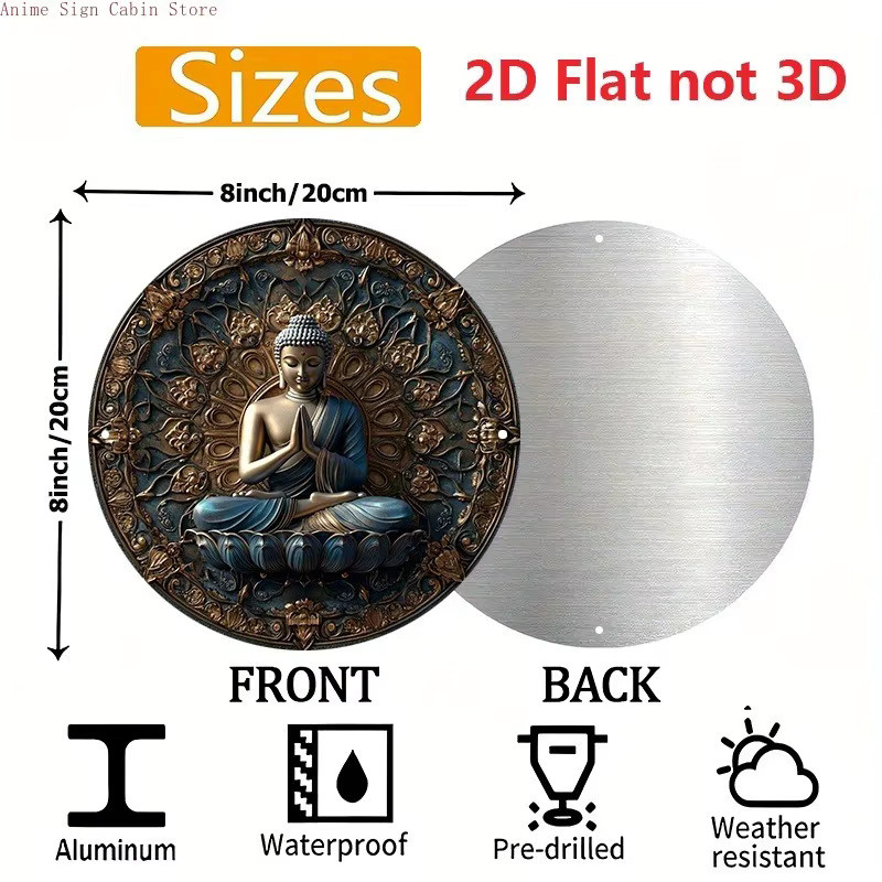 Rundes Metallschild von Potdemiel mit Buddha-Statue auf Lotus und floralem Design in Gold und Multicolour, Durchmesser: 20,32 cm - Bild 2