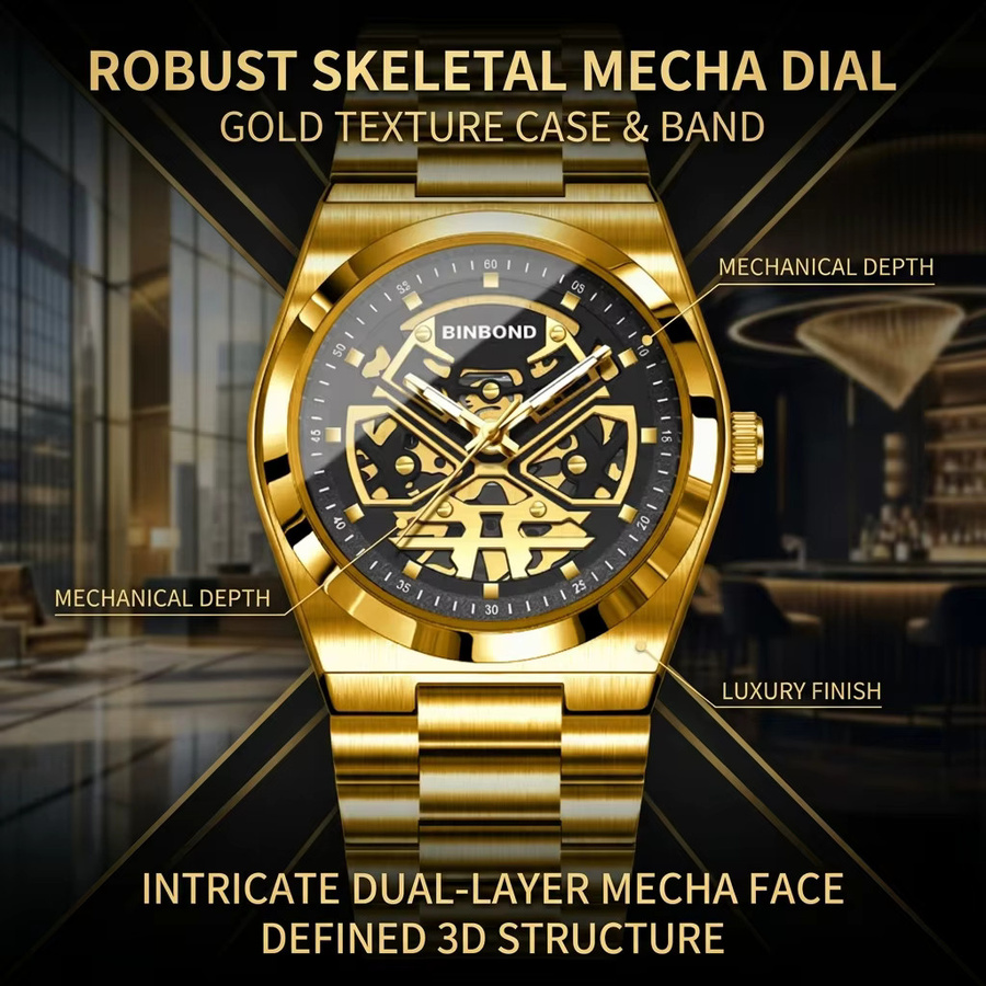 BINBOND Armbanduhr, Quarz, Edelstahl, Gold, Grün, Herren - Bild 6