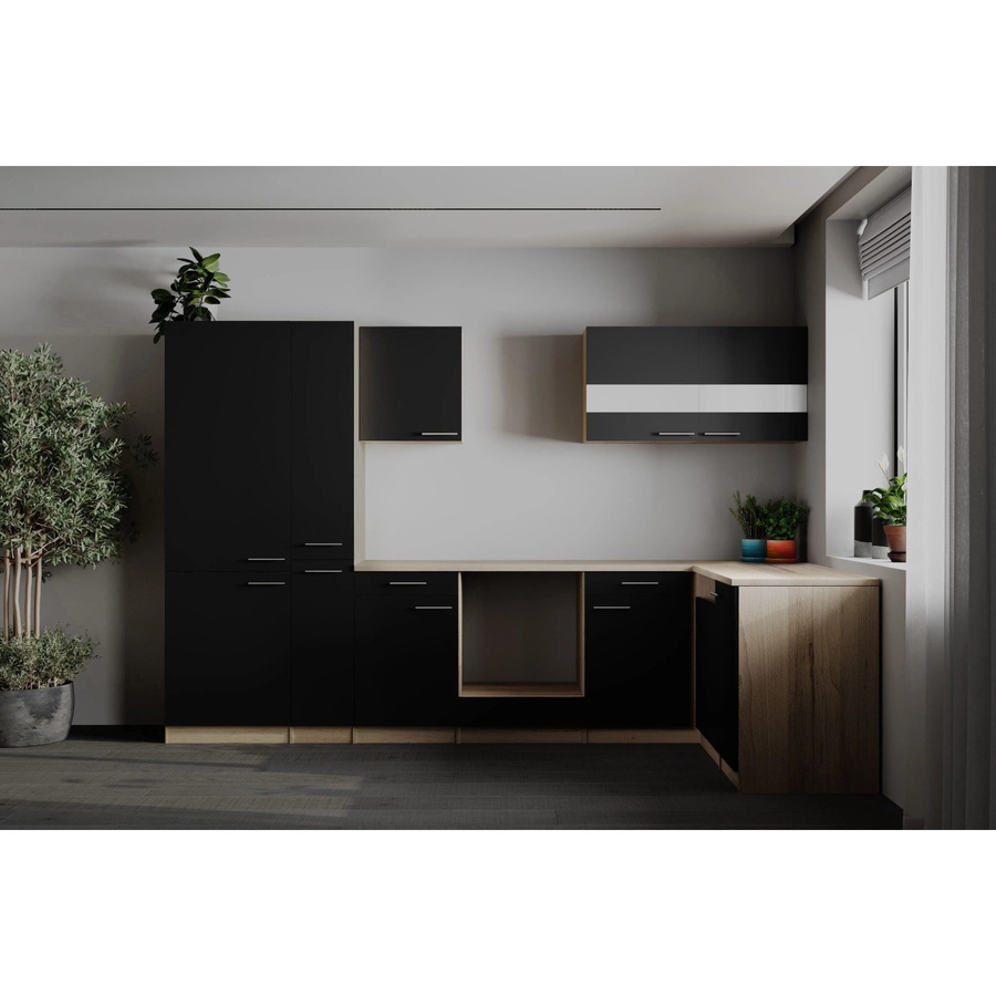 Respekta Winkelküche Merle in Schwarz mit Eiche Sägerau Nachbildung und Glastüren mit Soft-Close-Funktion, Breite: 310 cm, Tiefe: 200 cm, Höhe: 7 cm - Bild 2