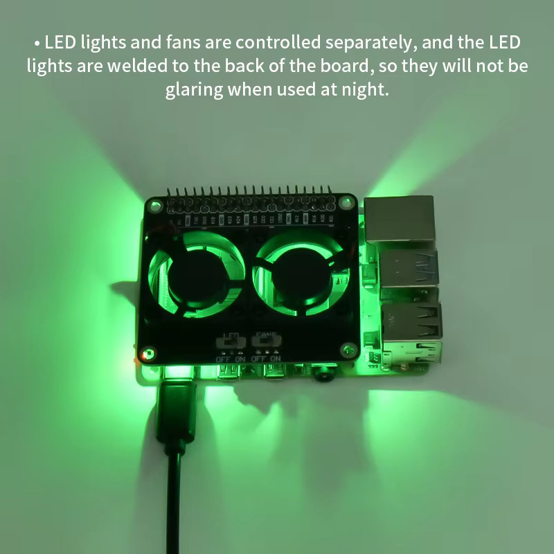SHCHV Aktiver Kühler für Raspberry Pi 5, 4B, 3B+ mit Dual-Lüfter, GPIO-Erweiterungsplatine, EIN/AUS-Schalter und LED-Licht in Schwarz - Bild 4