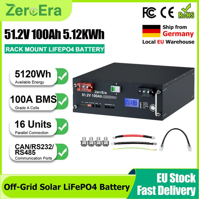ZeroEra LiFePO4 Batterie 48V 100Ah 5,12 kWh Rackmontierbare Solar-Lithium-Batterie in Schwarz mit 100A BMS und RS485 RS232 CAN Kommunikationsanschluss - Bild 1