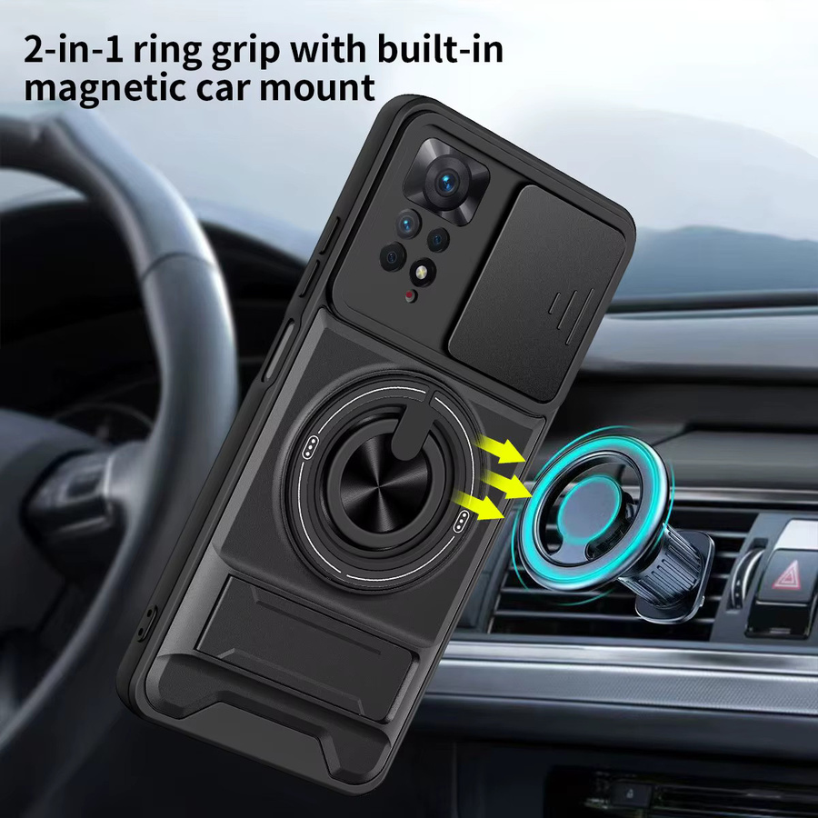 Stoßfeste Xiaomi Handyhülle für Redmi Note 11 und Redmi Note 12 Pro 4G/5G in Schwarz mit verschiebbarer Kamerakappe, Magnetring und Ständer - Bild 5