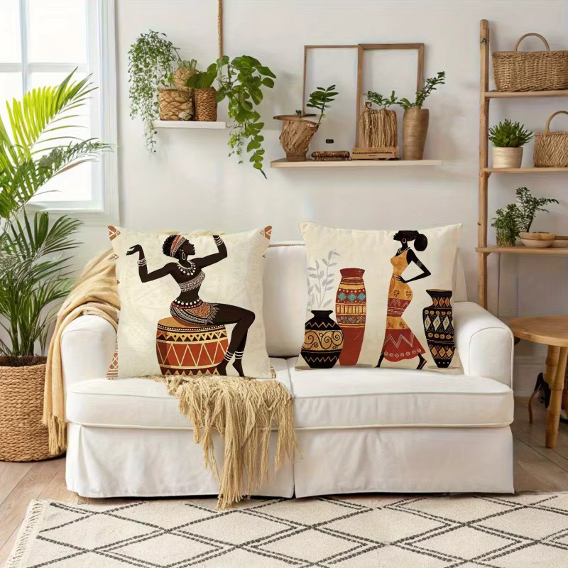 VIKAMA 2-teiliges Kissenbezug-Set im Art-Deco-Stil, quadratische Sofakissen in Beige mit Grafik-Design - Bild 3