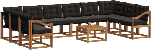vidaXL Outdoor-Sofagarnitur aus massivem Akazienholz in U-Form, 11-teiliges Set mit Textilene-Bezug und Kissen, Natur und Schwarz - Bild 1