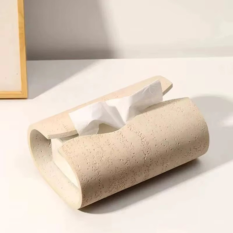 YOWEI Taschentuchbox in Steinoptik im Vintage-Stil aus Kunstharz, Beige/Weiß - Bild 2