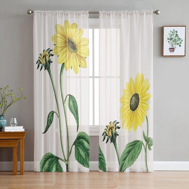 A Family Of Home Textiles Transparenter Voile-Tüll-Vorhang mit Sonnenblumen-Blumenmuster in Weiß und Gelb, Breite: 135 cm, Höhe: 137 cm - Bild 1