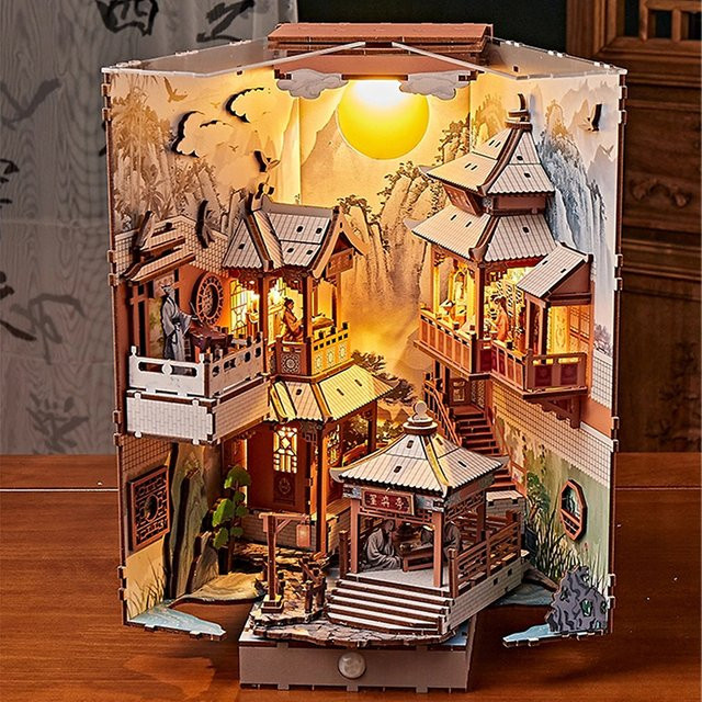 ELEVEN-CUTE DIY Holz-Bücherregal-Einsatz, Miniatur-Modellbausatz, mit Beleuchtung - Bild 1