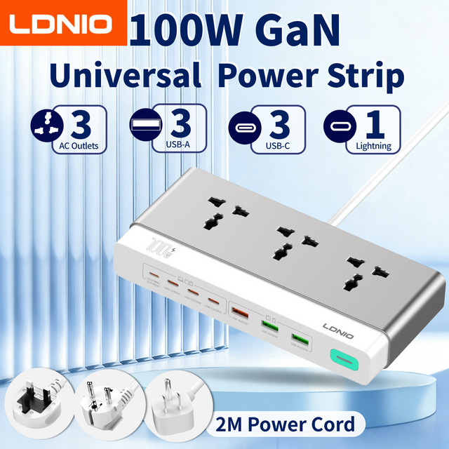 LDNIO 10-in-1 Desktop-Steckdosenleiste mit 100W Schnellladung, 3 AC-Steckdosen, USB-C und USB-A in Weiß - Bild 1