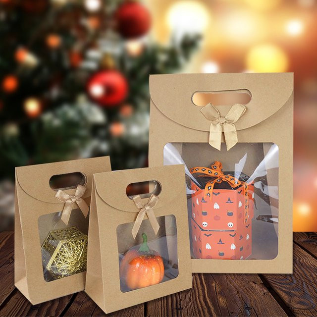 2er-Set Kraftpapiertüten mit klarem Fenster und Griff in Braun für Geschenke, Süßigkeiten, Kekse oder Kuchen - Bild 1
