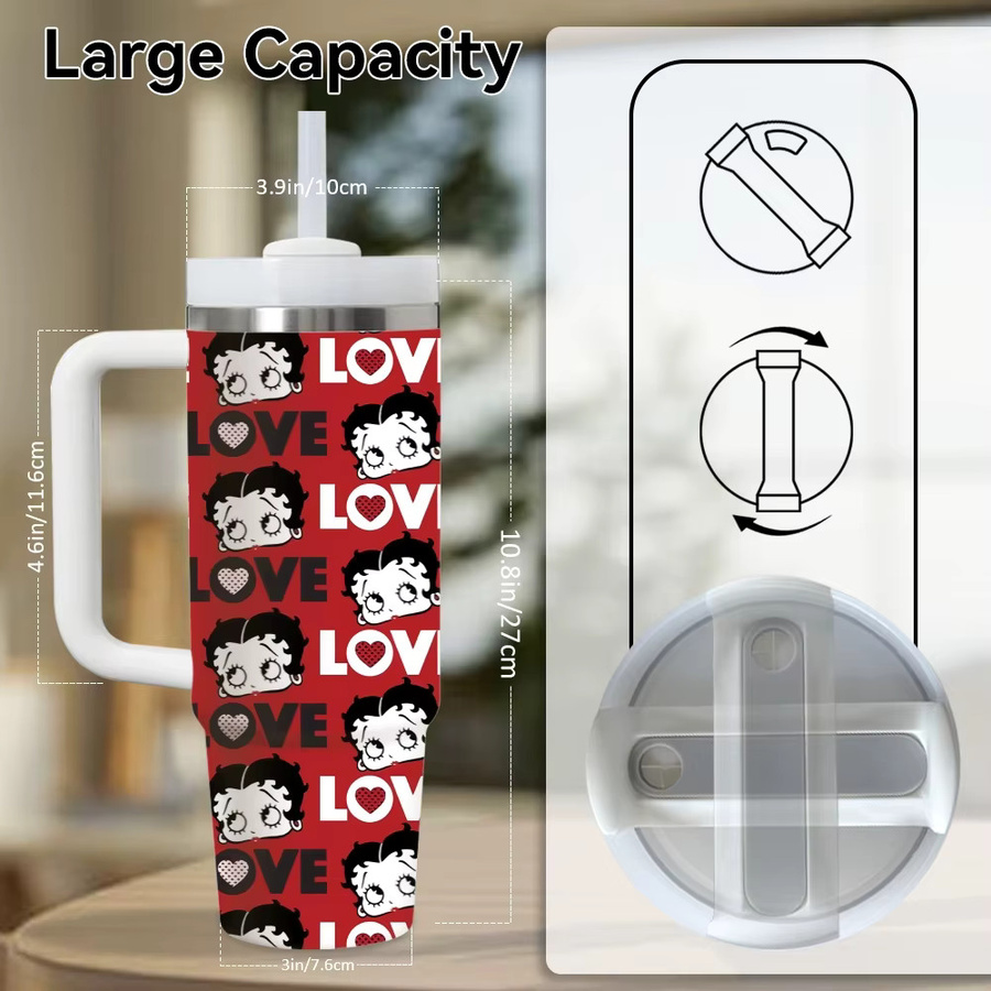 B-Betty B-Boop Vakuum-Thermosflasche aus Edelstahl, isolierter Reisebecher mit Griff und Strohhalm, White/Multicolour, 1,18 l - Bild 2