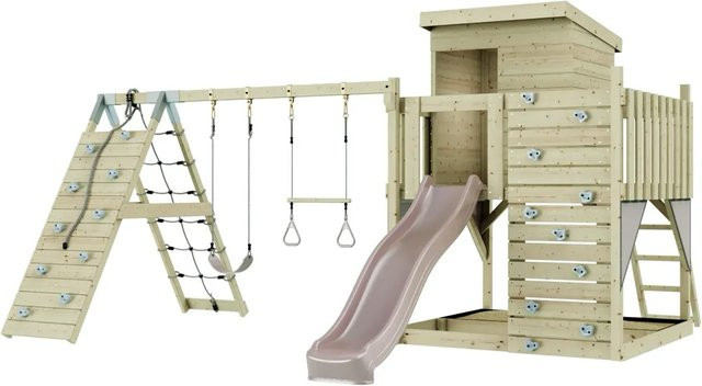 PolarPlay Spielturm Frida aus Holz mit Trapezstange und Rutsche in Altrosa und Mehrfarbig - Bild 1