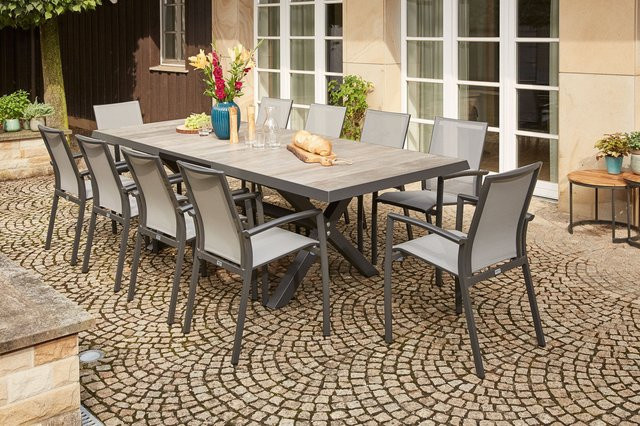 Siena Garden Velia Sincro Garten-Essgruppe in Anthrazit und Natur-Grau mit 10 Sesseln und Ausziehtisch aus Aluminium, Ranotex und Keramik, Tisch B: 260 cm, T: 100 cm, H: 77 cm - Bild 1
