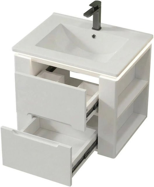 PXloue Waschtisch Badmöbel Set Weiß, Wandhängend mit Keramik-Waschbecken, LED-Beleuchtung und Sensor-Schalter, 2 Schubladen, B: 61 cm, H: 48,5 cm, T: 46 cm - Bild 1