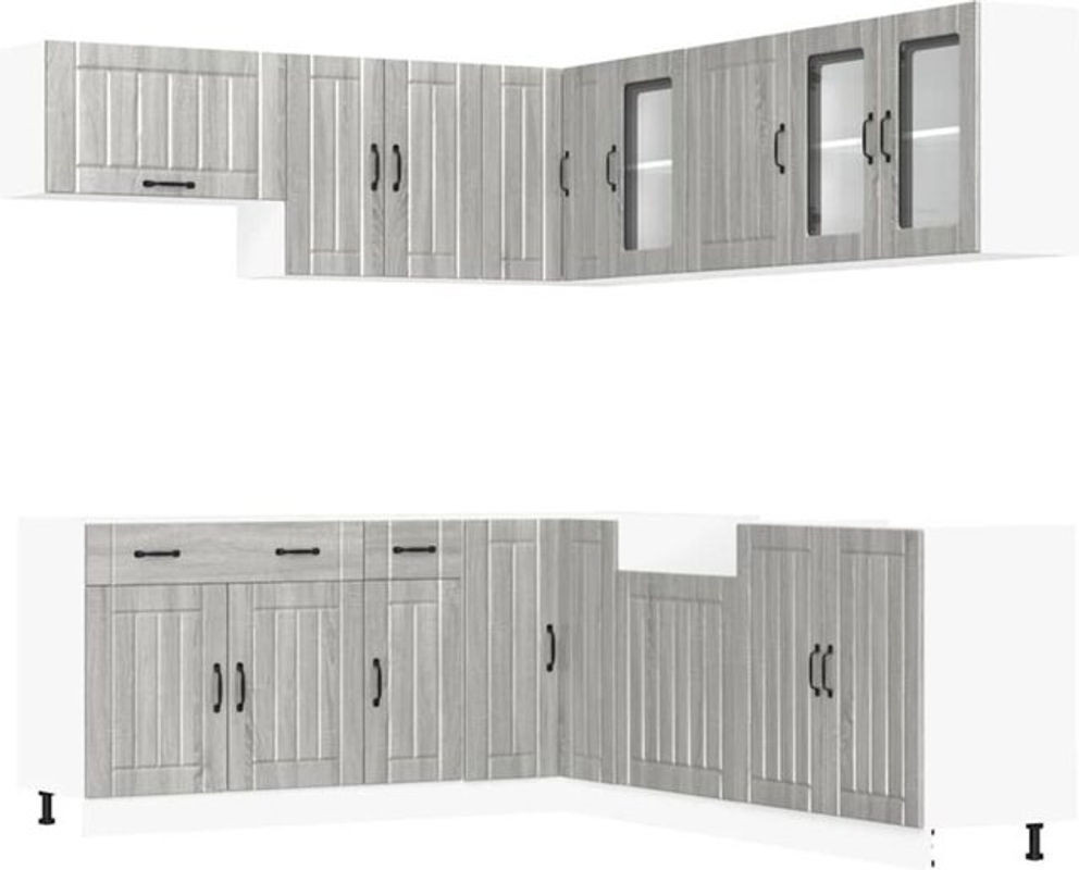VIDAXL Küchenschrank-Set Lucca Küchenzeile im Landhausstil, 11-teilig, Grau, Holzwerkstoff und Glas - Bild 1