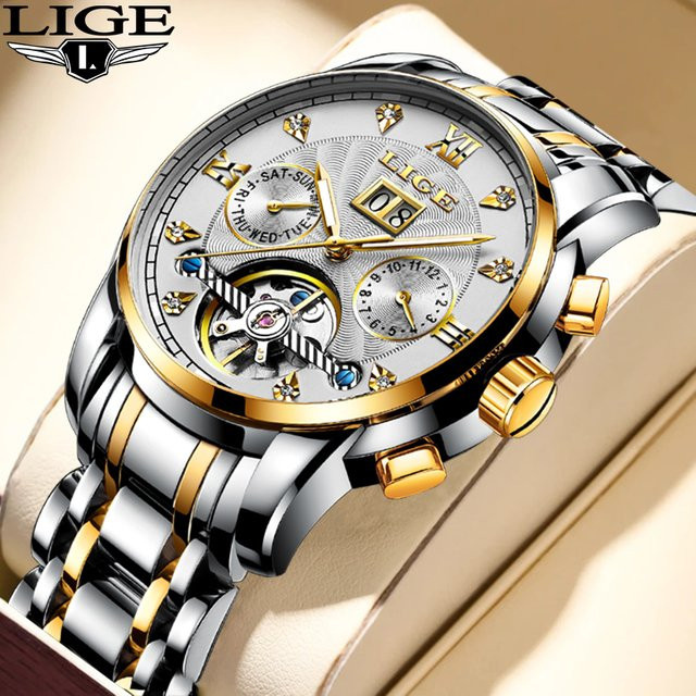 Lige Armbanduhr Automatik, Edelstahl, Gold, Herren, Datum - Bild 1