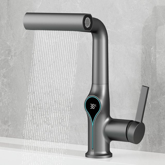 WJNMONE Multifunktionale Wasserfall-Waschtischarmatur in Chrom mit LED-Anzeige, 4-Modus-Mischbatterie und herausziehbarer Düse für Badezimmer und Küche, Farbe: Silber - Bild 1