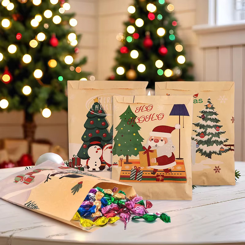 24 Stück Weihnachtliche Geschenktüten aus Kraftpapier mit Santa Claus Motiv für Süßigkeiten und Kekse in Braun und Mehrfarbig - Bild 4