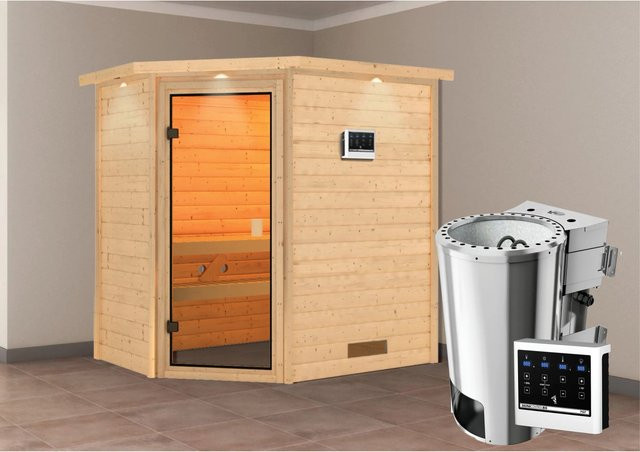 Karibu Massivholzsauna Jella mit BioKombiofen, LED-Dachkranz und externem Steuergerät, Farbe: Natur - Bild 1