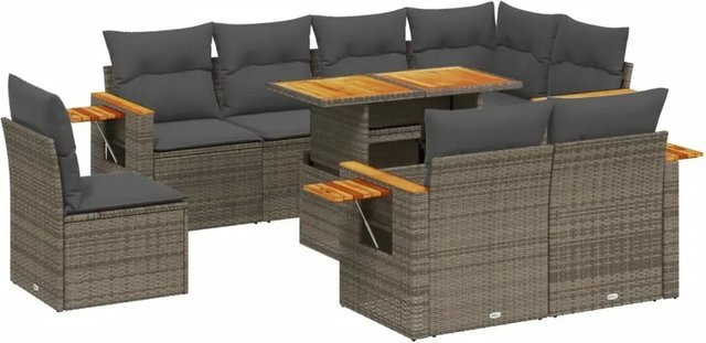 vidaXL 9-tlg. Garten-Sofagarnitur in L-Form aus grauem Poly-Rattan mit Kissen und pulverbeschichtetem Stahlgestell - Bild 1