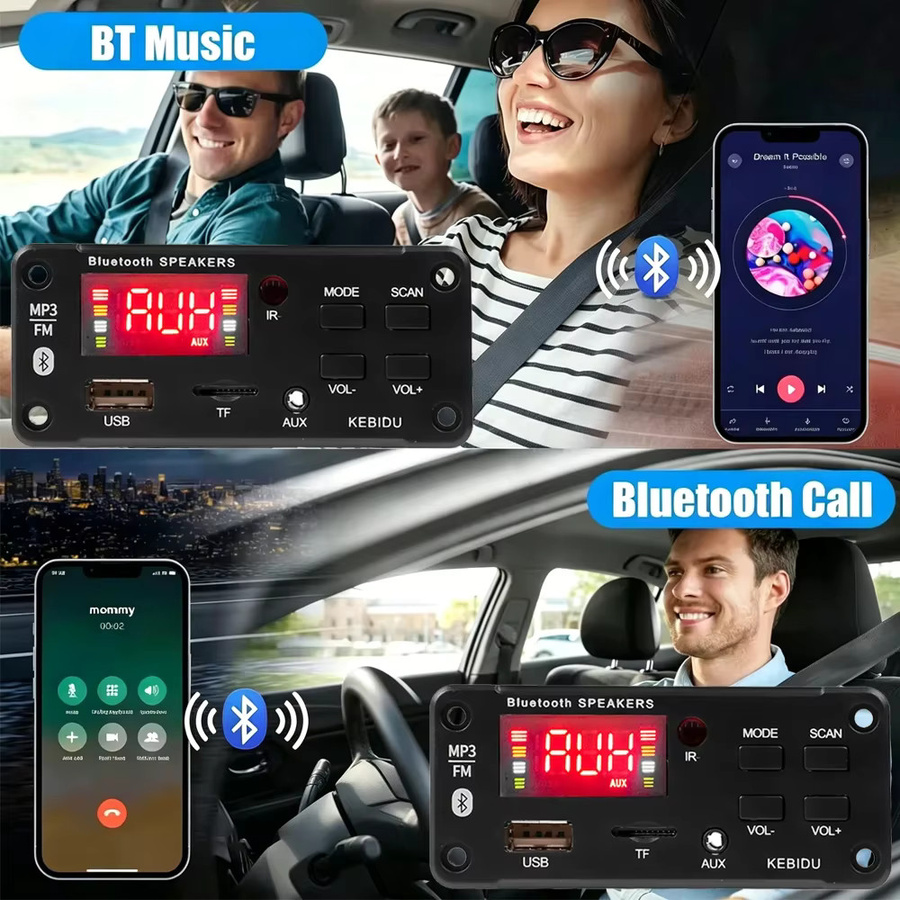 KEBIDU Bluetooth MP3-Player Kabelloses DC 12V MP3-Decoder-Board mit USB-C, TF-Slot und FM-Radio in Schwarz - Bild 3