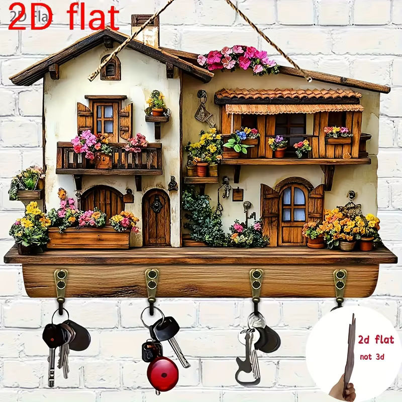 Multifunktionaler Wandkleiderhaken aus Holz mit floralem Design und vier Metallhaken in Mehrfarbig, Wanddekoration im Landhausstil - Bild 3