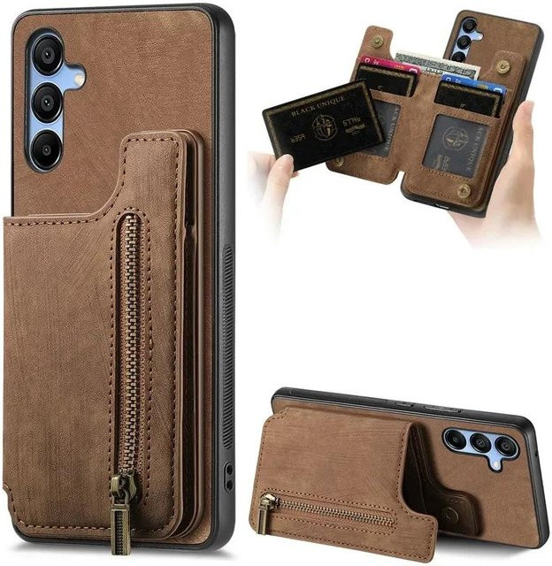 Retro Leder Geldbörse mit Reißverschluss und Kartenfach als Handyhülle für Samsung Galaxy A35 5G in Braun - Bild 1