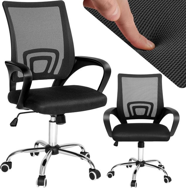 tectake Bürostuhl in Schwarz mit Netzstoffbezug, ergonomische Form mit Lordosenstütze, geschwungene Armlehnen und 360 Grad Drehsitz - Bild 1