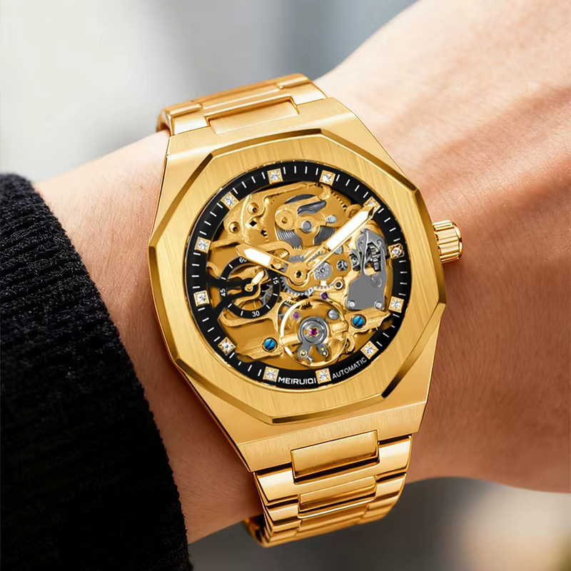 MEIRUIQI Armbanduhr Automatik, Edelstahl, Gold, Schwarz, Herren - Bild 5