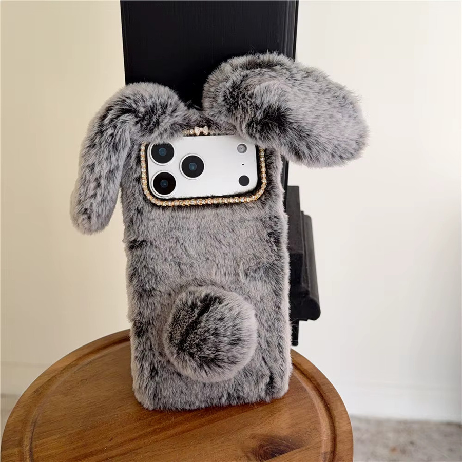Flauschige Kaninchen Schutzhülle mit langen Ohren für Apple iPhone 11 bis 17 Pro Max Plus in Grau - Bild 3