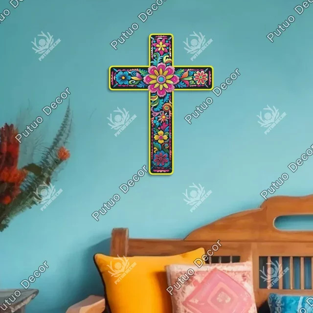Putuo Decor Kruzifix aus Holz im mexikanischen Stil, Wandkunst-Dekor in Multicolour, Breite: 39,9 cm, Höhe: 30 cm - Bild 1