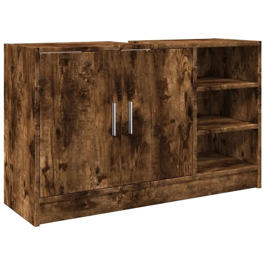 vidaXL Waschbeckenunterschrank Räuchereiche Braun aus Holzwerkstoff mit Türen und offener Ablage, B/T/H: 90 x 29 x 55 cm - Bild 2