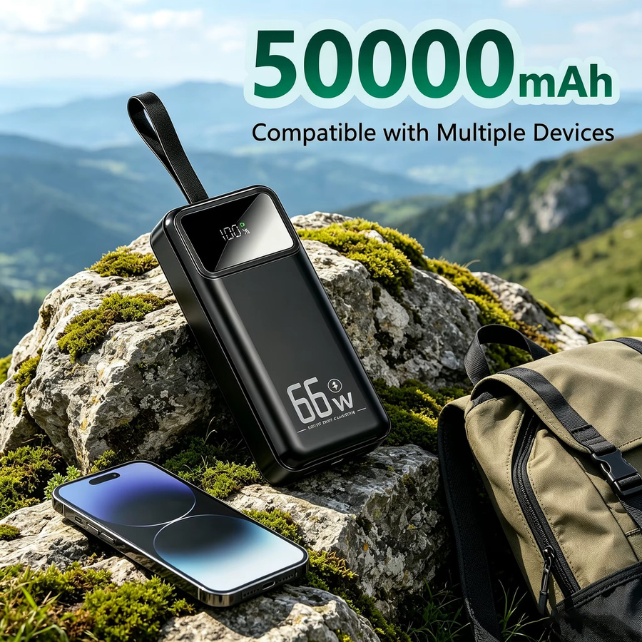 Tragbare 50000-mAh-Powerbank in Weiß mit LED-Leistungsanzeige, integrierter Beleuchtung und mehreren Schnittstellen zum gleichzeitigen Laden verschiedener Geräte - Bild 6
